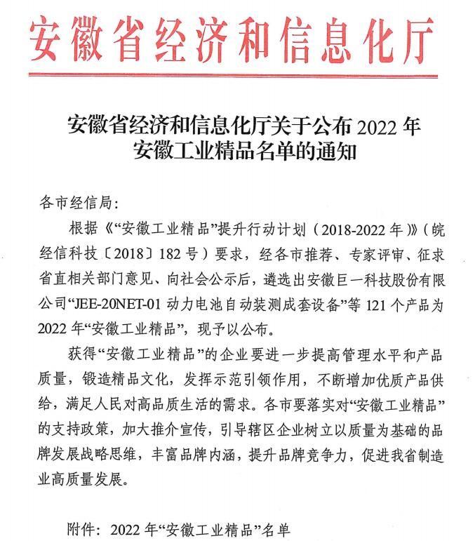 喜報:“2022年度安徽省工業(yè)精品” 榜上有名